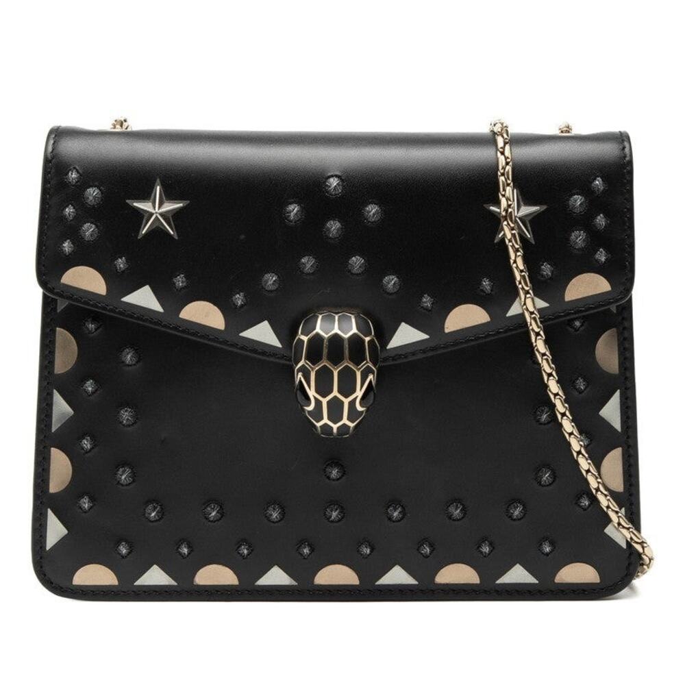Bvlgari Leather Serpenti Studs Chain Shoulder Bag Black